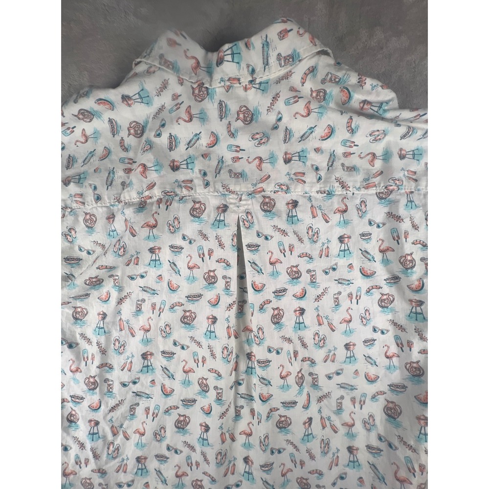 Duluth Trading Co MenMedium White BBQ Flamingo Organic Cotton Short Sleeve Shirt - Picture 9 of 10